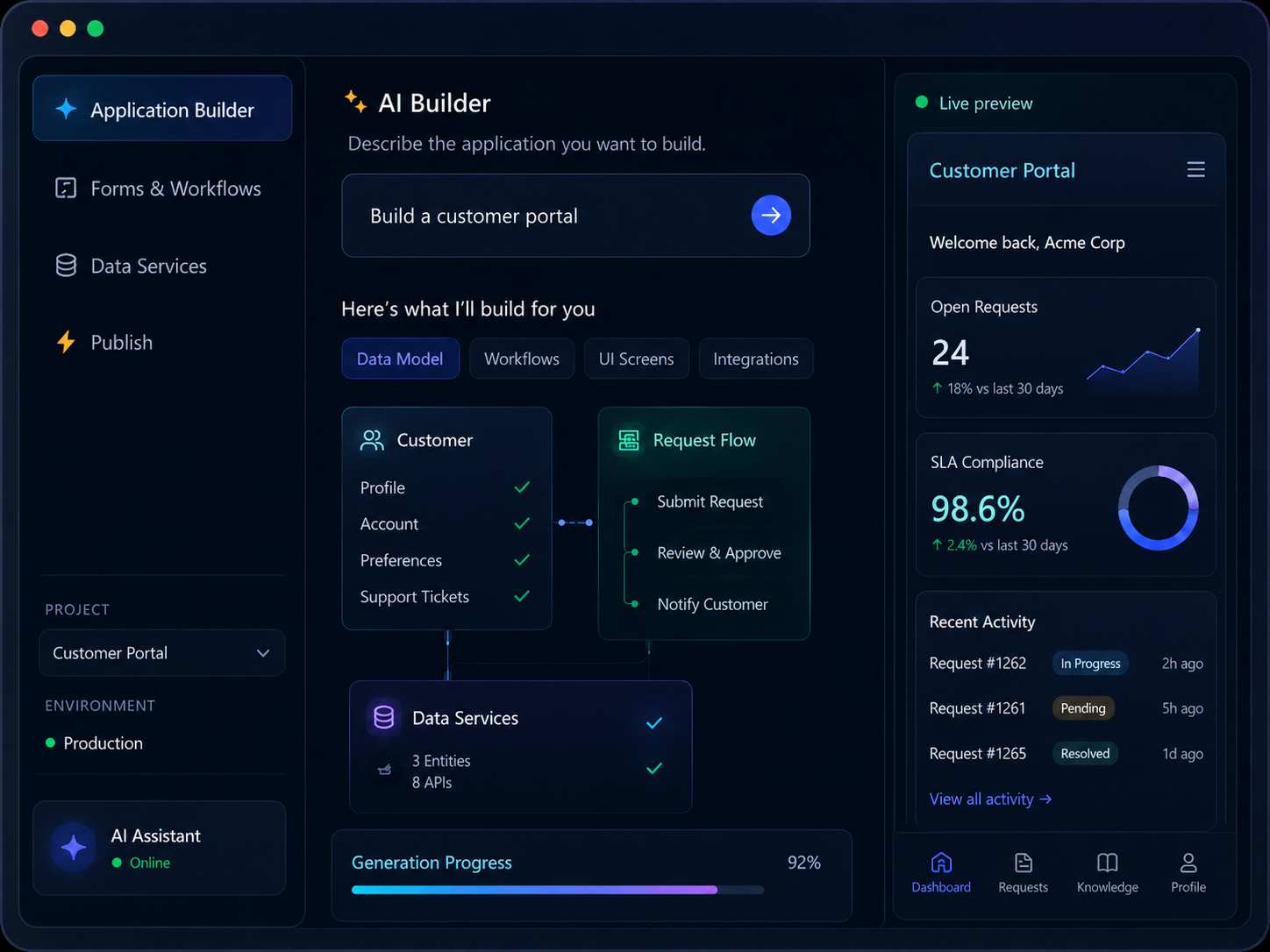 CodeScale AI application builder generating a customer portal with workflows, data services, and a live preview
